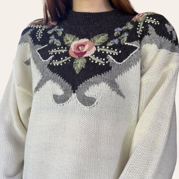 80s vintage Dana Scott long knit floral sweater - Picture 3 of 7